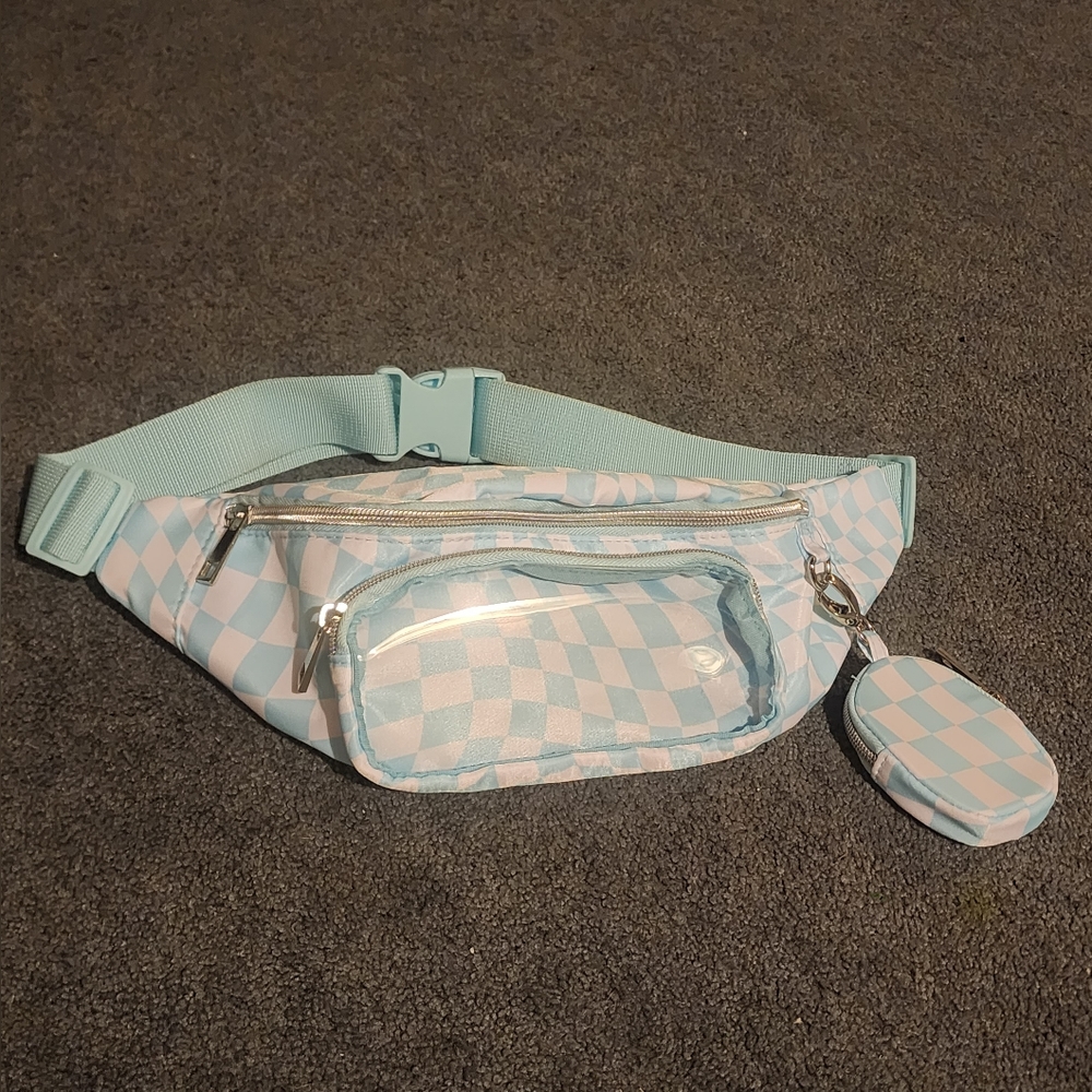 Blue and white checkered fanny pack